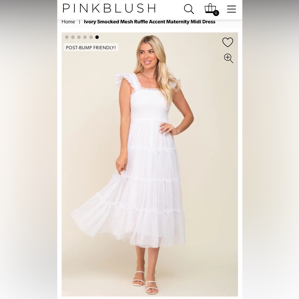 Ivory Smocked Mesh Ruffle Accent Maternity Midi Dress